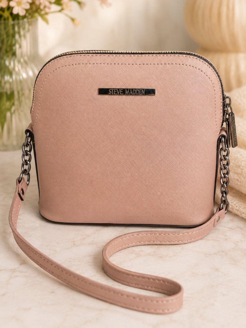Steve Madden Blush Pink Saffiano Crossbody Bag Silver Chain Accent